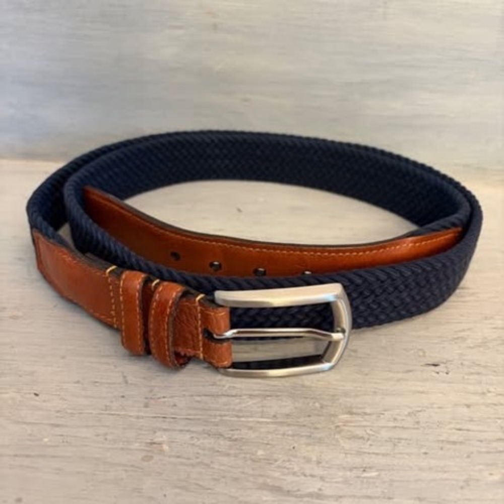 Torino Men's Navy Woven Stretch Belt with‎ Brown Leather Trim 48-52" GC